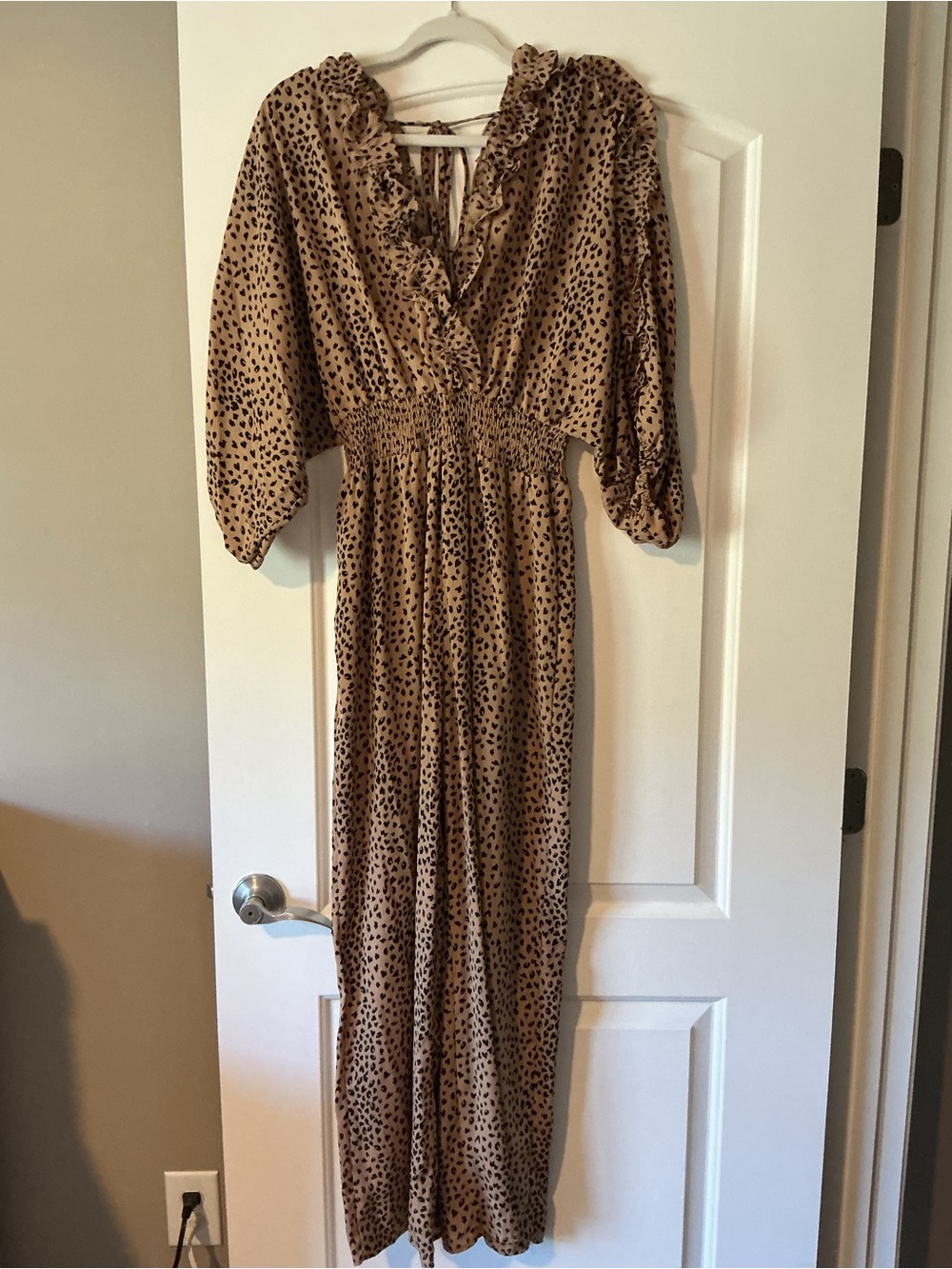 Women’s Brown Leopard Print Jumpsuit with Smocked Waist